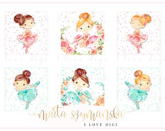 Watercolour ballerina tags, Printable Instant download collage sheet, set of 6 sweet girls, cardmaking party supplies