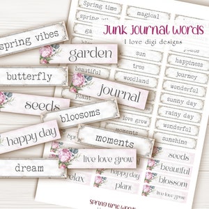 Lente junk journal inspireert zinnen, Mixed media tags met botanisch thema, Tuin met bloemen woord ephemera, journaling printbare add-on
