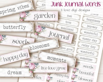 Spring junk journal inspire phrases, Mixed media tags with botanical theme, Garden with flowers word ephemera, journaling printable add on