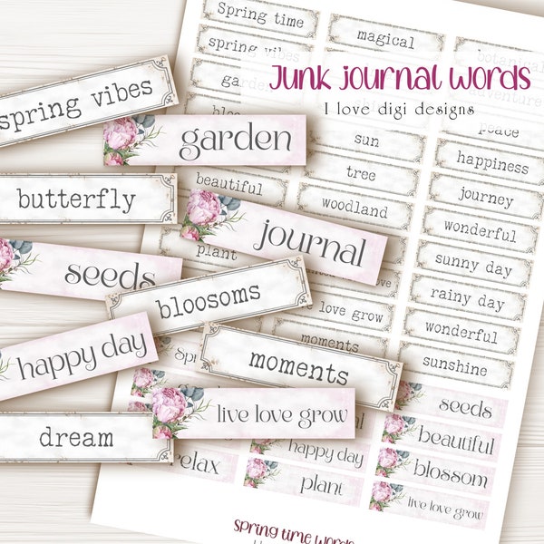 Spring junk journal inspire phrases, Mixed media tags with botanical theme, Garden with flowers word ephemera, journaling printable add on