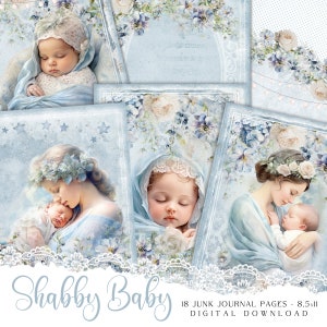 Shabby Chic Junk Journal Art, Neugeborenes Baby druckbare Karten, Aquarell Design Blumen Scrapbook Journaling Seiten