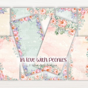 Digitales Papier mit Pfingstrosen hintergrund, florales Scrapbooking Sheet, beste Wünsche handgemachtes Kartenangebot