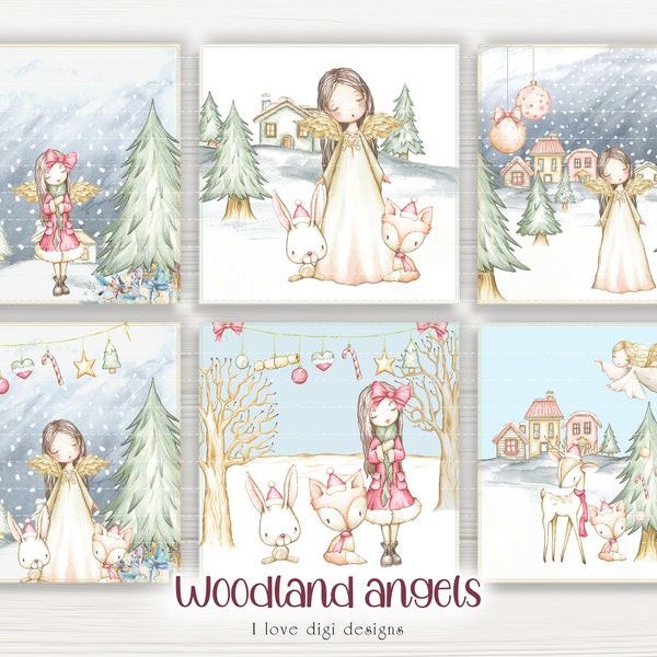 Christmas illustrations - woodland angels for junk journal and handmade cards, Christmas scrapbook digital collage sheet, Set of 6 cards