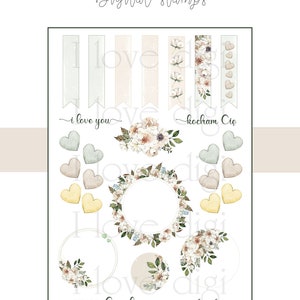 Floral  digital collage sheet, Printable white flowers illustration, Beige and green floral elements,  cardmaking elements, floral wreaths