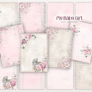 Shabby Digitalpapier mit Baby Mädchen Motiv und Aquarell Rosen. Druckbares Retro-Pack, um eigene Karten zu erstellen. DIY Kit zum Muttertag Geschenk