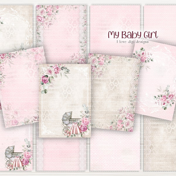 Shabby digital paper with baby girl motif and watercolor roses. Printable retro pack to create own cards. DIY kit for Mother's Day gift