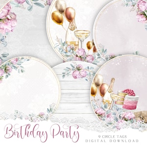 Shabby chic Pfingstrosen digitale Elemente für Junk Journal Kunst und Kartenherstellung Kunstwerk, Aquarell Blumen auf Collage Blatt, Kreis Tags