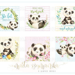 Pandas aquarela doces, conjunto digital de aniversário, conjunto de carimbo digital pastel, etiquetas, rótulos, versão em idioma POLONÊS