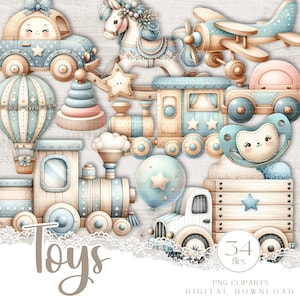 Clipart aquarela de brinquedos de madeira, 34 PNG fofos em estilo boho para projetos infantis, conjunto criativo extravagante para sublimação e álbum de recortes