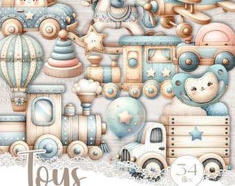 Wooden toys watercolor clipart, 34 cute PNG in boho style for children&#39;s projects, Whimsical creative set for sublimation, and scrapbook