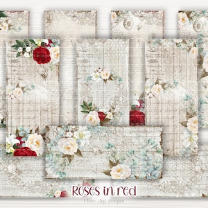 Carte digitali a tema antico, carte Shabby chic per il diario spazzatura, rose di Borgogna su set artigianale stampabile
