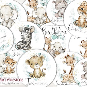 Étiquettes rondes imprimables d'étape de bébé d'animaux de safari, cadeau de douche de bébé pour la maman à être, accessoires de photo numérique de souvenirs de première année
