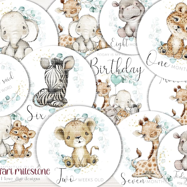 Safari animals baby milestone printable round tags, Baby Shower present for Mum to be, First year memories digital photo props