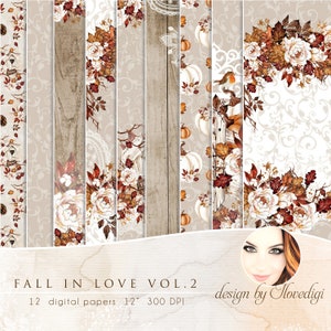 Enamórate del paquete de papel digital, Flora de colores cálidos en patrón shabby chic, Tema de calabaza para tarjetas de Acción de Gracias