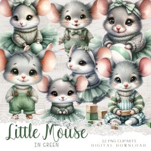 Ensemble de clipart PNG douce petite souris, 22 images imprimables pour la fabrication de cartes et le bricolage, souris garçons et filles de style dessin animé en vert, ensemble de coupe difficile