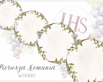 First Holy Communion watercolor wreaths, Green leaf with grapes, Digital collage sheet instant download and printable