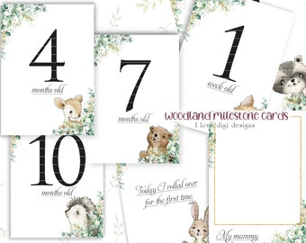 Wild animals milestone cards, forest themed baby keepsake, first year baby memories, digital download