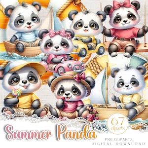 Clipart de panda de verão e cortes exigentes, 67 clipart PNG com tema de verão, pacote Whimsical Sweet Panda, download digital para uso comercial