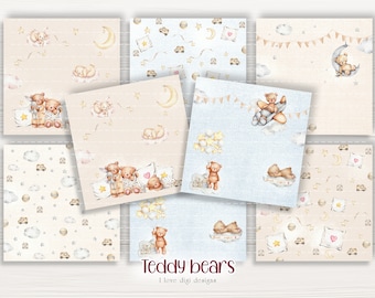 Teddy bear digital paper pack for scrapbook, Print cut and make theme for Birthday card and album, Children&#39;s motifs on papers for artists