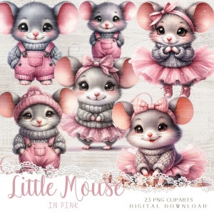 Aquarelle douce petite souris, clipart PNG rose, 23 images imprimables pour la fabrication de cartes et le bricolage, souris garçons et filles de style dessin animé