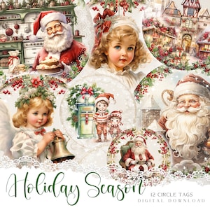 Folha de colagem digital de Natal, pacote de enfeites de Natal com design aquarela para registro no diário, etiquetas sazonais para confecção de cartões, etiquetas de embrulho de presente