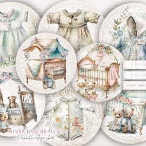 Shabby Baby Shower digitale collage blad, Vintage stijl babywieg met ouderwetse teddys, Circle tags voor douche gunst tassen of kaarten maken