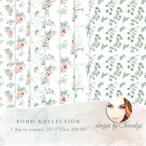 Papéis digitais minimalistas BOHO com tema de eucalipto, padrão floral para artesanato de scrapbooking, cartões de vegetação para impressão