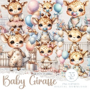 Zestaw clipartów Baby Giraffe do tworzenia kartek, sublimacje 35 PNG z uroczymi żyrafami akwarelowymi, kapryśne, nadające się do wydruku wybredne kawałki z okazji pierwszych urodzin