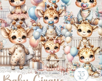 Baby Giraffe clipart set for cardmaking, Sublimations 35 PNG with cute watercolor giraffes, Whimsical printable First Birthday fussy cuts