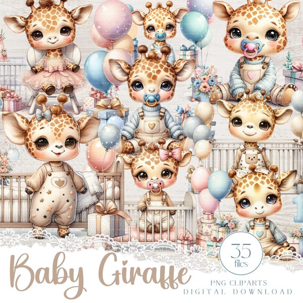 Baby Giraffe clipart set for cardmaking, Sublimations 35 PNG with cute watercolor giraffes, Whimsical printable First Birthday fussy cuts