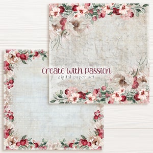 Shabby Chic floral digitales Papier-Set, druckbare Scrapbooking Kunst, Hochzeitskarte ideales Papier, blumiger romantischer Hintergrund, erstellen Sie mit Leidenschaft