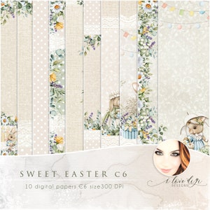 Aquarell Ostern Digitales Papier, Süße Hasen Illustrationen Kunst, Floraler Frühling Hintergrund, Kommerzielle Nutzung für Kartenmachen C6 Hasenpapier Pack