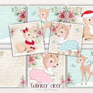 Ilustrações de Natal para diário de lixo e cartões feitos à mão, folha de colagem digital Winter Fawns, conjunto de 8 fundos em cores pastel,