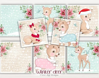 Christmas illustrations for junk journal and handmade cards, Winter fawns digital collage sheet, Set of 8 pastel colour backgrounds,