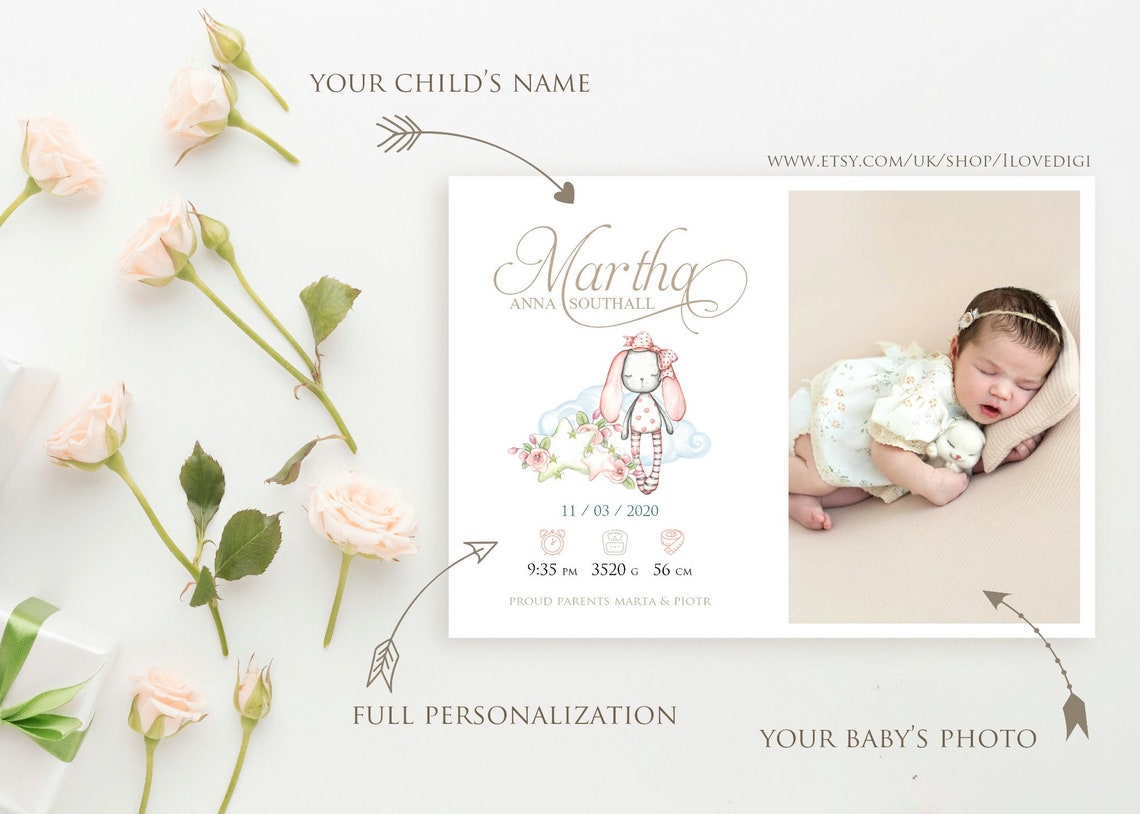 Baby Girl Birth announcement for grandparents Printable Etsy