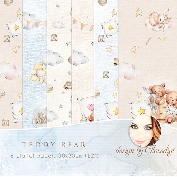 Teddy bear digital paper pack for scrapbook, Print cut and make theme for Birthday card and album, Children's motifs on papers for artists