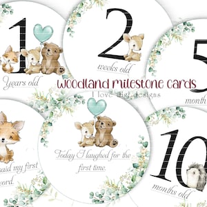 Cartes d'étape pour bébé Woodland, accessoires photo sur le thème des animaux, ensemble de photographie de première année, téléchargement numérique