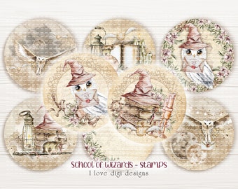 School of Magic digital collage sheet, Printable set with fantasy illustration for vintage junk journal and mixed media crafting.