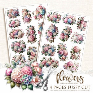 Conjunto de flores Fussy Cut Hortênsias e rosas, elementos florais estilo Shabby chic para imprimir e cortar, páginas JPG para diários indesejados e álbuns de recortes