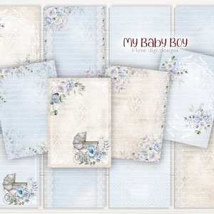 Shabby Chic Stil digitales Papier Set für handgemachte Schreibwaren, Baby Junge Thema druckbare Muster, um eigenes Journal, Erinnerungsalbum und DIY zu machen
