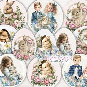 Süßer Hase digitaler Collage Bogen, Ostermotiv mit Aquarellkindern, süße Tags für Gastgeschenke Taschen, druckbare Bilder für die Kartenherstellung