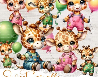 Süßes Baby Giraffe PNG Clipart Set, 14 druckbare digitale Illustrationen für Kartenherstellung & DIY, Cartoon Stil Safari Tiere für Baby Shower