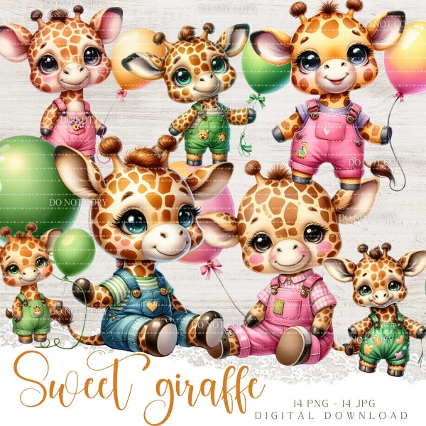 Zestaw clipartów PNG Sweet Baby Giraffe, 14 cyfrowych ilustracji do druku do tworzenia kartek i majsterkowania, zwierzęta safari w stylu kreskówkowym na Baby Shower
