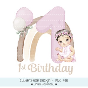 Ilustración de niña de 1er cumpleaños para decoración de fiesta, gráfico de acuarela para hierro en diseño, regalo personalizado para hija, ropa de cumpleaños