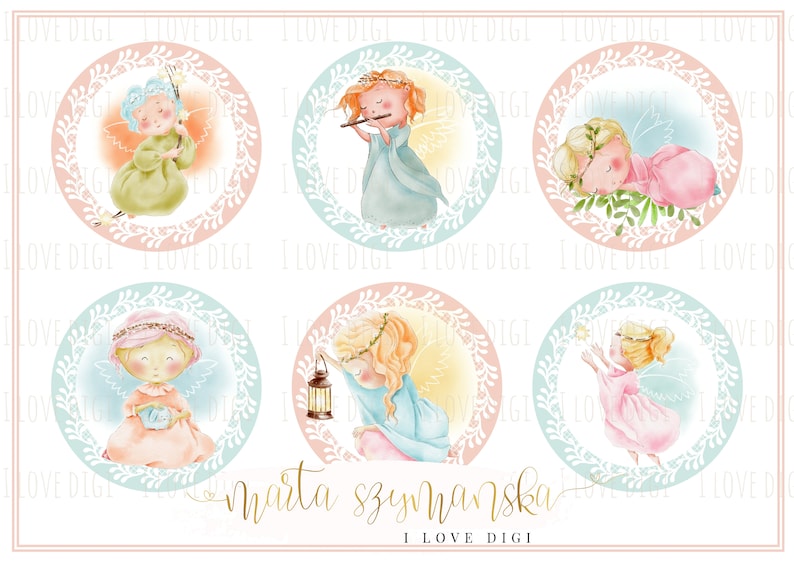 Instant Download Printable pastel colour Digital Stamps Christmas Baptism Christening Set of 6 Little Angels