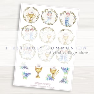 IHS, Printable First Holy Communion tags, watercolor first communion, boy and girl, digital collage sheet, Siblings Holy Communion