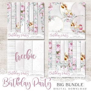 Geburtstagsparty digitales Scrapbook Bundle, Hochzeitskollektion im Shabby-Chic-Stil, druckbare Elemente für die Kartenherstellung mit GRATIS