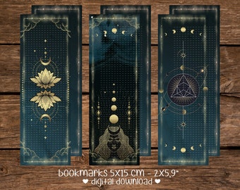Witchy mystical printable bookmarks, Moon goddess and lotus flower theme for fantasy book lovers
