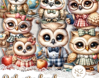 Whimsical sweet Owl, PNG 82 printable cliparts,  End of School digital illustrations, Fussy cut on 7 A4 JPG, Nursery Teacher elements