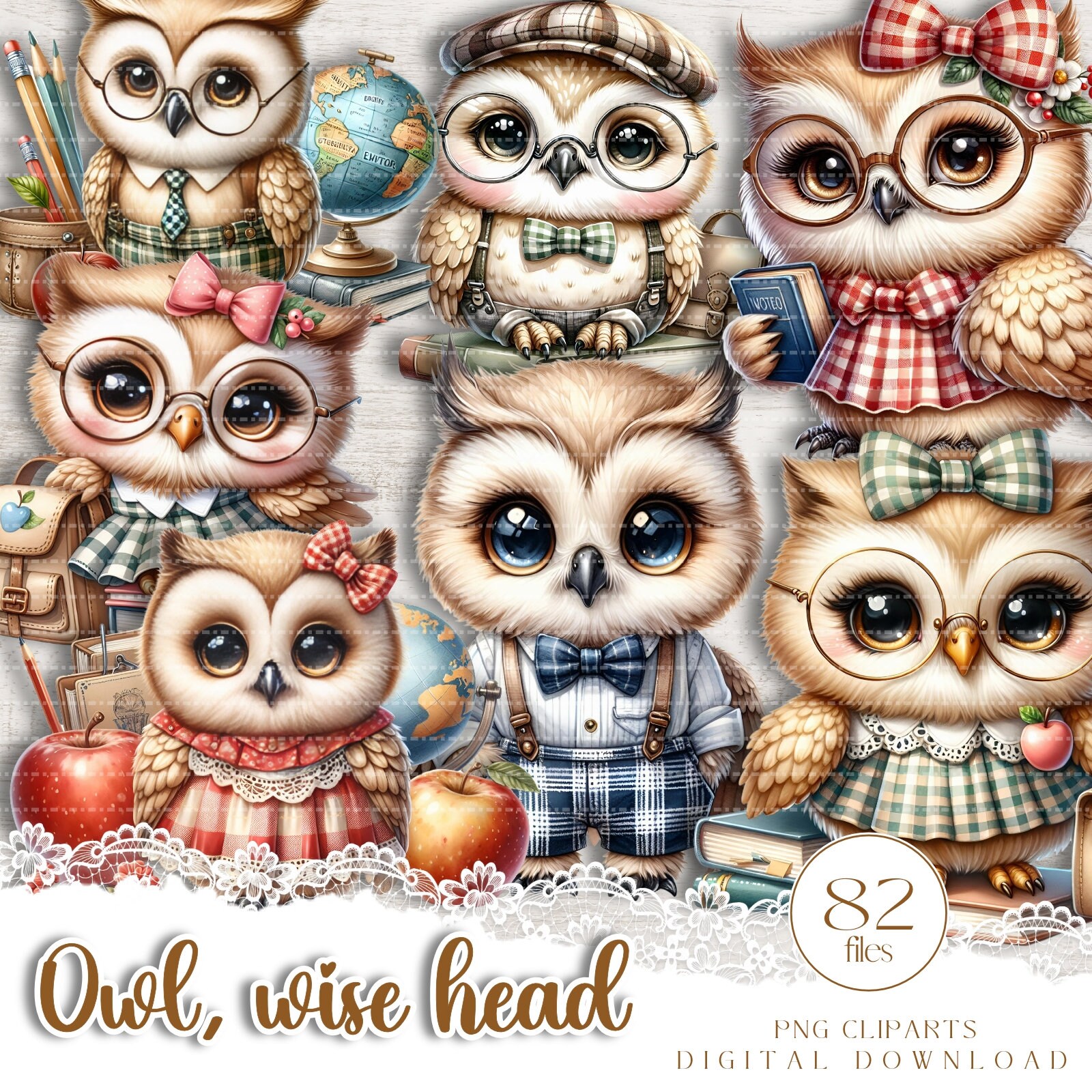 Whimsical sweet Owl, PNG 82 printable cliparts,  End of School digital illustrations, Fussy cut on 7 A4 JPG, Nursery Teacher elements